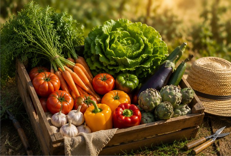 Caja de madera con tomates, pimientos, zanahorias, alcachofas y ajos recién cosechados en la finca