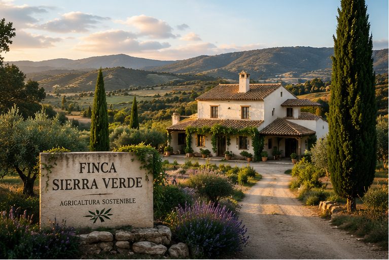 Entrada de la Finca Sierra Verde al atardecer, con el cortijo encalado entre cipreses y lavanda