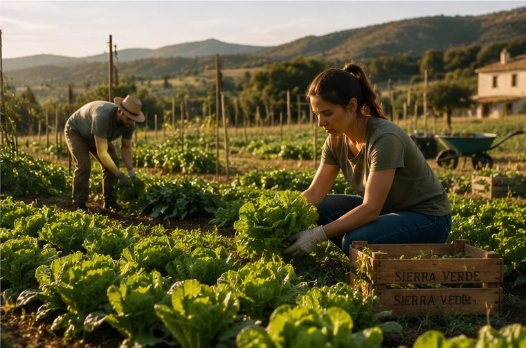 Lucía y Álvaro recolectando lechugas a mano en la huerta, con cajas de madera marcadas Sierra Verde